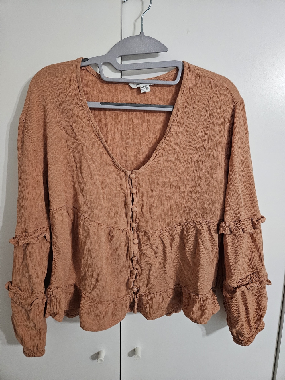 American Eagle Pumpkin Orange  Ruffle-Trim Button Front Blouse